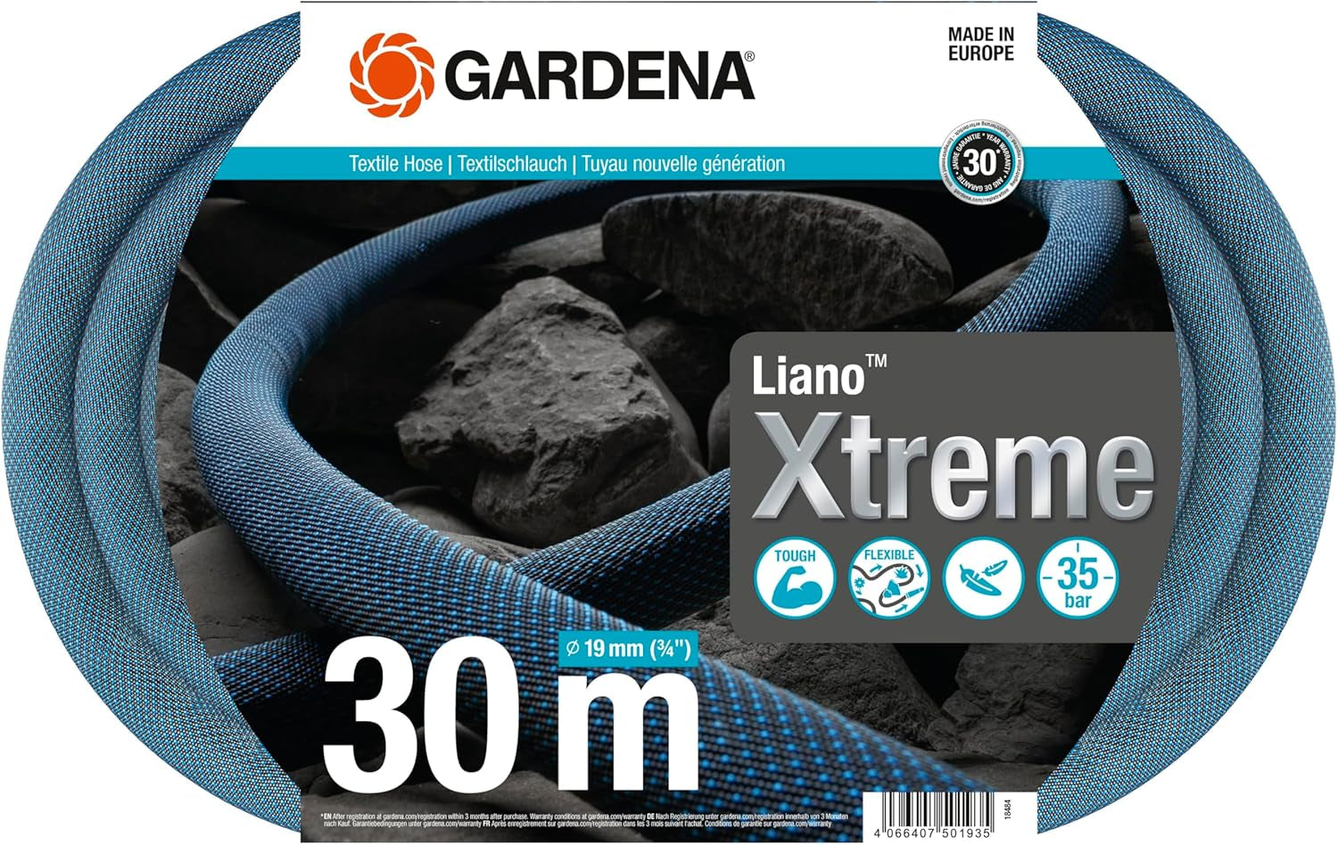 Gardena Liano Xtreme 3/4 palce, sada 30 m: Extrémně robustní textilní zahradní hadice s PVC vnitřní hadicí, lehká, odolná proti povětrnostním vlivům (18484-20), vícebarevná