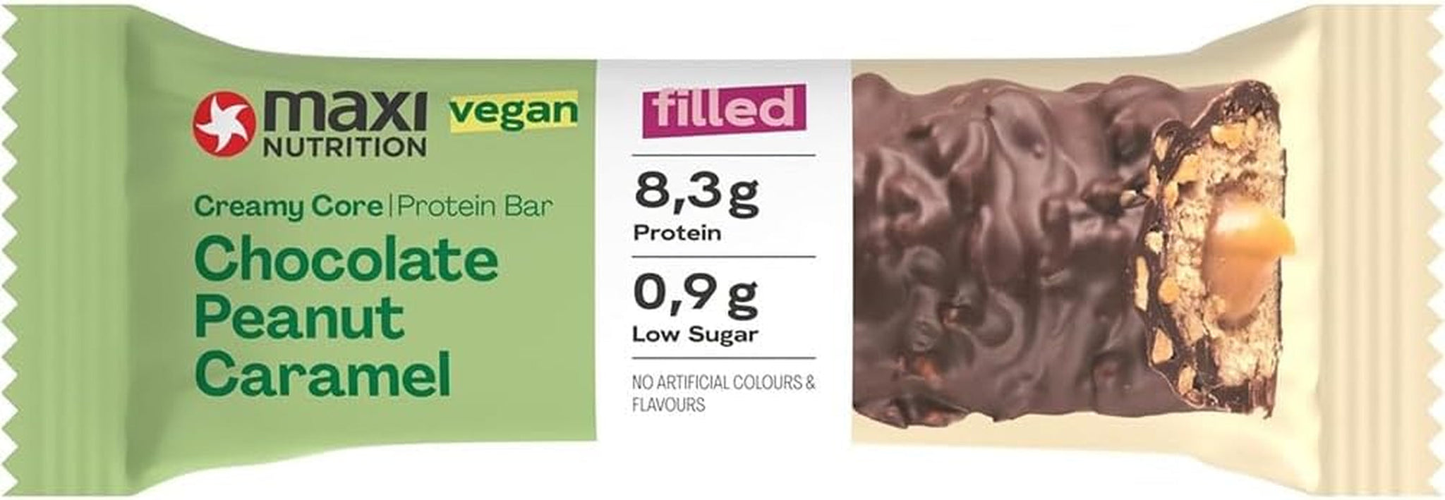 MaxiNutrition Krémová veganská proteinová tyčinka s čokoládou, arašídy a karamelem 12x45g - veganská proteinová tyčinka, 18% protein, 8,3g na tyčinku, nízký obsah cukru (0,9g), bez přidaného cukru, bez umělých aromat