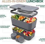 Umami Lunch Box pro dospělé, Stohovatelný Bento Box se 4 příbory a přihrádkami, Box na oběd pro dospělé, Zásobník na salát, Piknik / Kancelář Lunch Box, Charcoal Grey, 1500 ml krabičky na potraviny Naty Shop