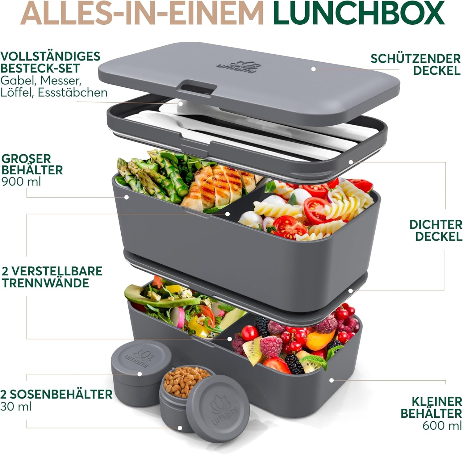 Umami Lunch Box pro dospělé, Stohovatelný Bento Box se 4 příbory a přihrádkami, Box na oběd pro dospělé, Zásobník na salát, Piknik / Kancelář Lunch Box, Charcoal Grey, 1500 ml krabičky na potraviny Naty Shop