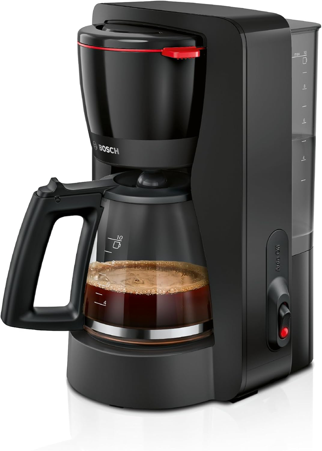 Espresso kávovar Bosch MyMoment TKA2M113 s filtrem, 1,25 l skleněná karafa, 10–15 šálků, funkce udržování teploty 40 minut, systém proti odkapávání, otočný držák filtru, odnímatelná nádrž na vodu, 1200 W, matná černá
