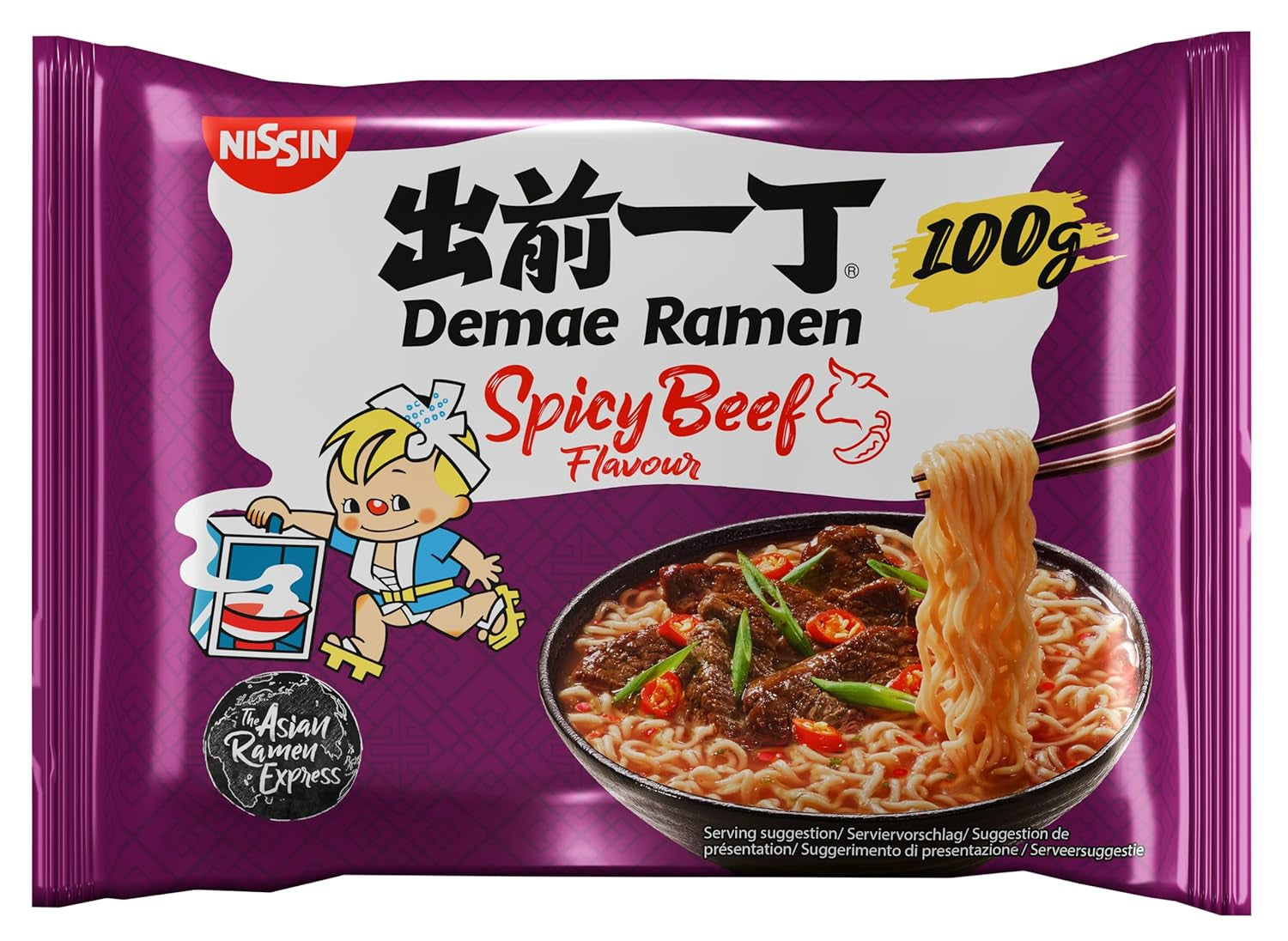 Nissin Demae Ramen - Pikantní hovězí 10 balení Instantní nudle japonského stylu s hovězí příchutí a asijským kořením Rychlá a snadná příprava asijské kuchyně (10 x 100 g)