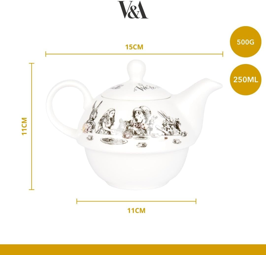 Sada konvice a šálku Alenka v říši divů pro 1 osobu v dárkové krabičce, jemný porcelánový čajový servis, bílá, 250 ml