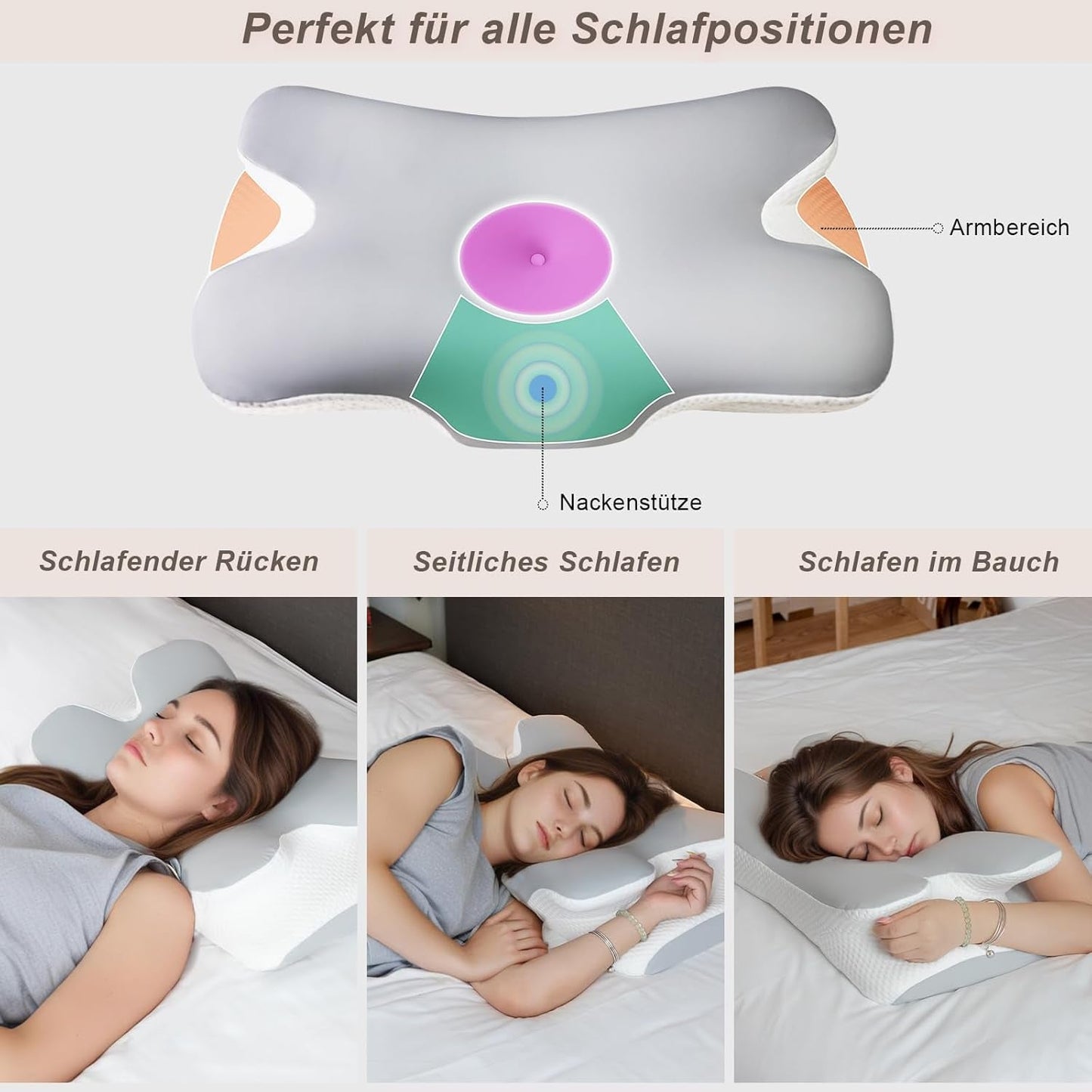 Polštář na krk Ortopedický polštář na hlavu Polštář z paměťové pěny Polštář s bočním nárazem - Ergonomický design Dutý tvar pro boční, zadní a břišní náraz Světle šedé krční ortopedické polštáře Naty Shop