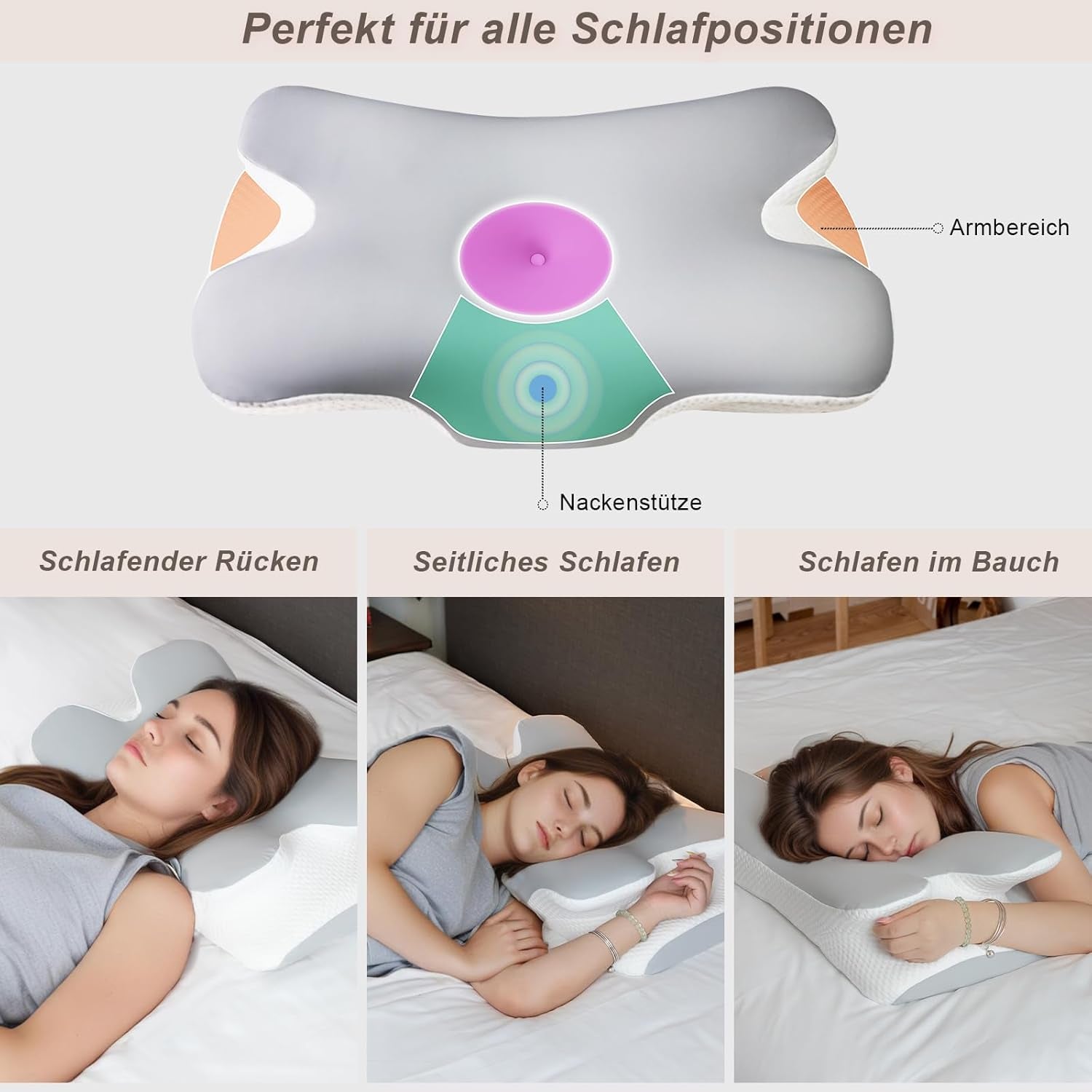 Polštář na krk Ortopedický polštář na hlavu Polštář z paměťové pěny Polštář s bočním nárazem - Ergonomický design Dutý tvar pro boční, zadní a břišní náraz Světle šedé krční ortopedické polštáře Naty Shop