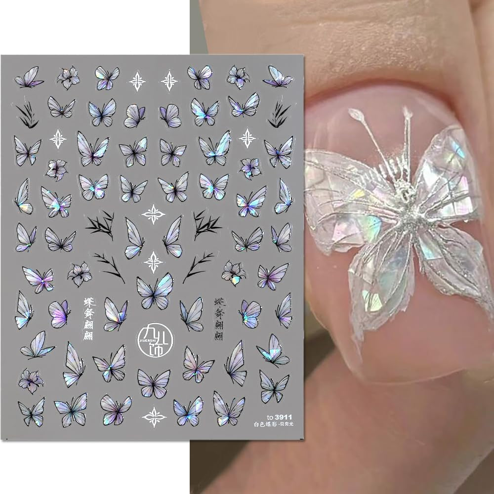 2 Blätter Schmetterling Nálepka na nehty Selbstklebend,Muschel Glitzer Nálepka na nehty Butterfly Lila Grau Schmetterlinge Nagelaufkleber Reliéf Laser Butterflies Nálepka na nehty Nageldesign Zubehör