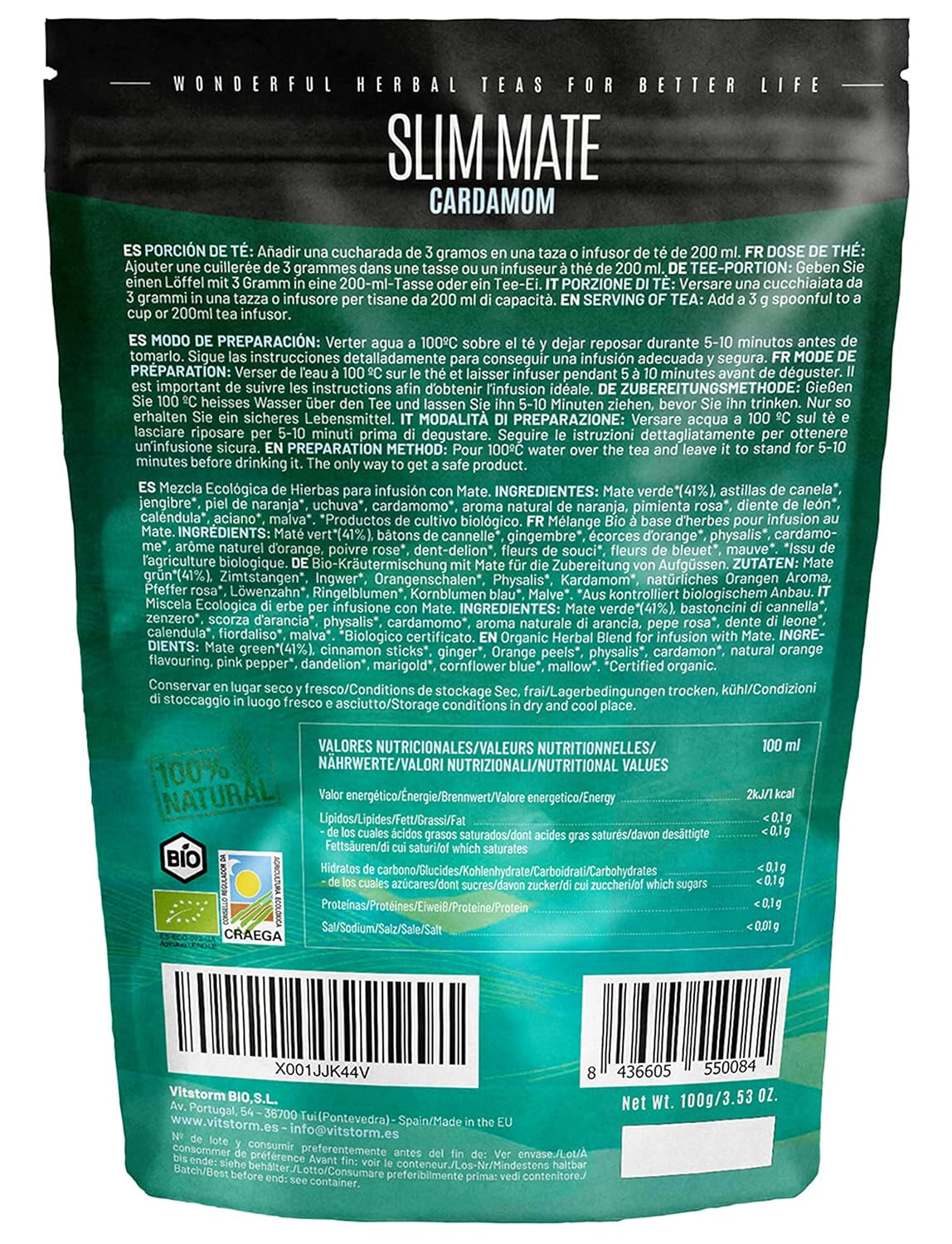 VITSTORM® Slim Tea Kardamom – BIO čaj Yerba Mate – Detoxikační a diuretický čaj – 100G