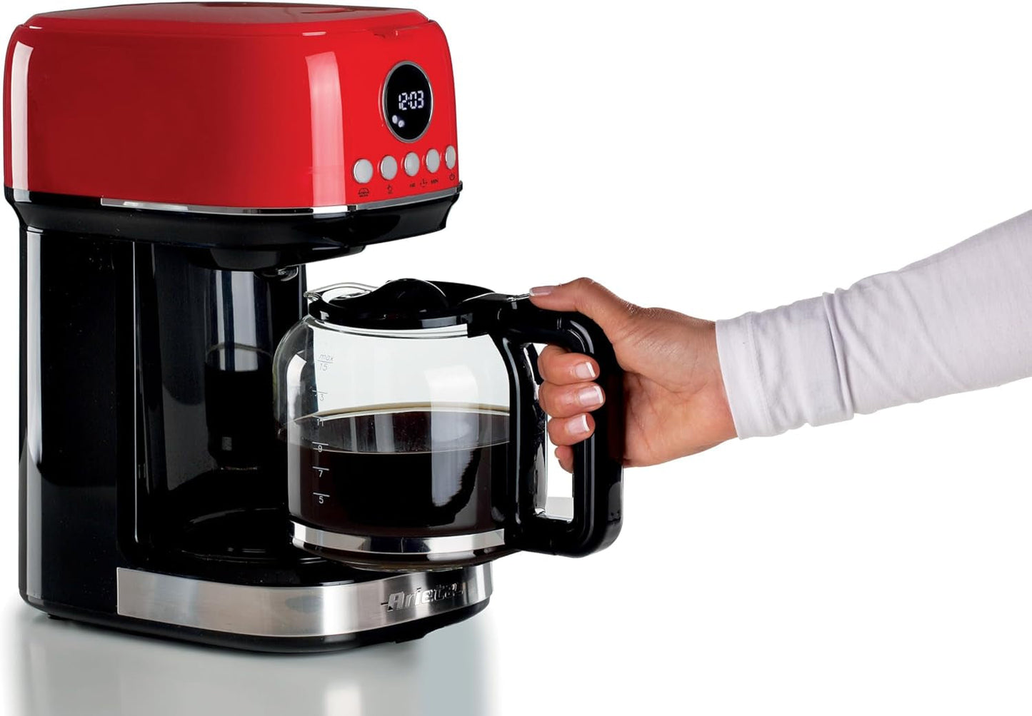 Espresso kávovar Ariete Moderna 1396 s filtrem pro přípravu americké kávy Až 15 šálků Skleněná karafa Topná deska LCD displej Vyjímatelné a omyvatelné filtry Bílé