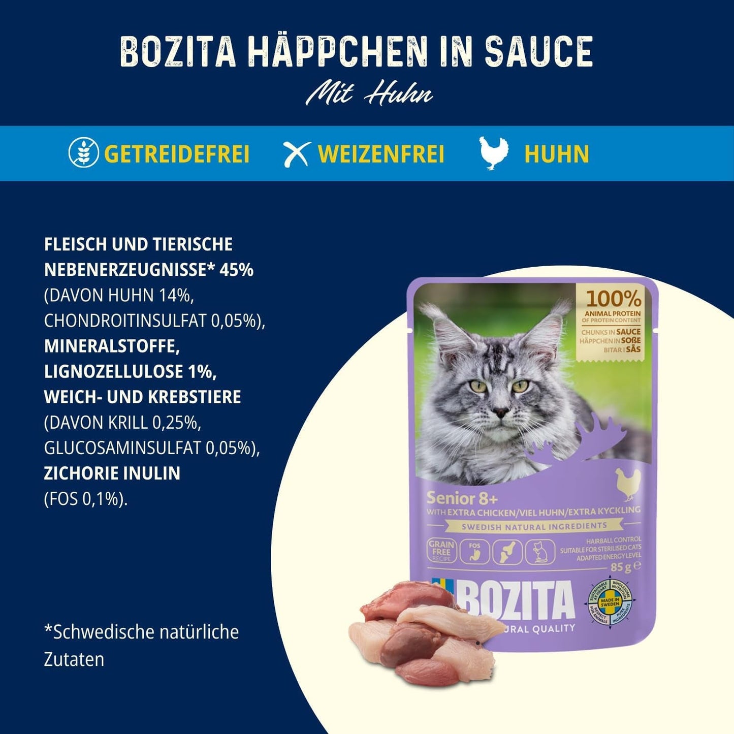 Bozita Senior 8+ Mound mokré krmivo pro kočky se zrny a velkým množstvím kuřecího masa - 12 sáčků x 85 g, vlhké krmivo pro kočky bez obilovin a pšenice - Mokré krmivo pro kočky s 8,5 % bílkovin a 4,5 % tuku