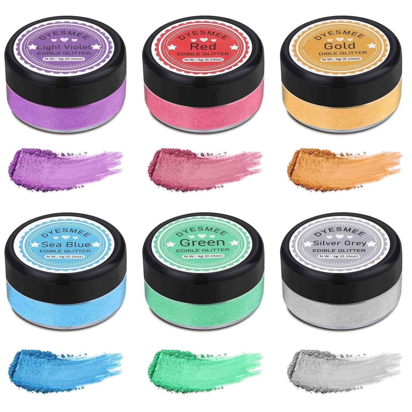 Jedlé třpytky, Sada 4 nebo 6 barevných odstínů, 4 gramy na produkt Glitter Naty Shop 6 barev