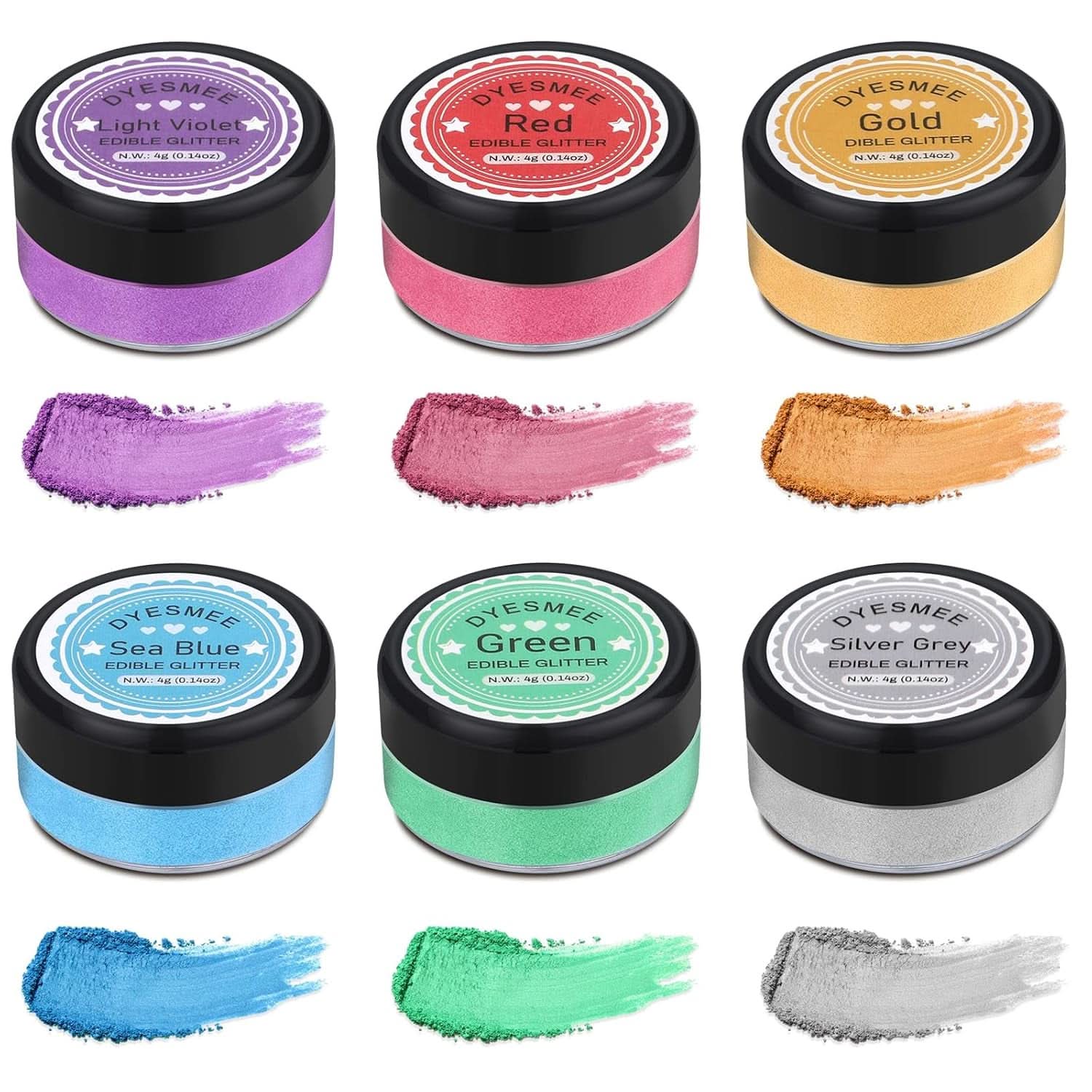 Jedlé třpytky, Sada 4 nebo 6 barevných odstínů, 4 gramy na produkt Glitter Naty Shop 6 barev
