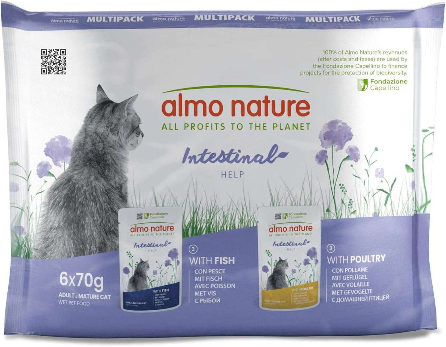 Almo Nature Functional - Intestinal Help - Mokré krmivo pro dospělé kočky s citlivými střevy - s rybami a drůbeží - podporuje mikrobiom - 70 g (balení 6 ks)