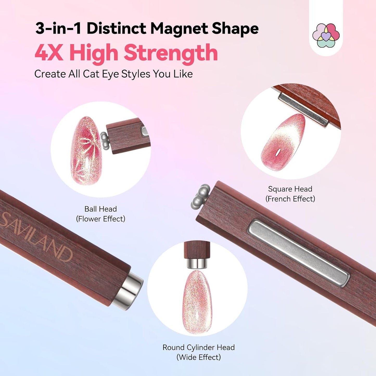 SAVILAND 4X Hochfester Magnet pro kočičí oči pro Nagel: Magnet na nehty 3 v 1 Rund Lange Streifenperle N35 Neodym Ultra Strong Magnet Für Nagellack Präzise 3S Formung Gel pro kočičí oči Nagellack Magnet Magnetstift