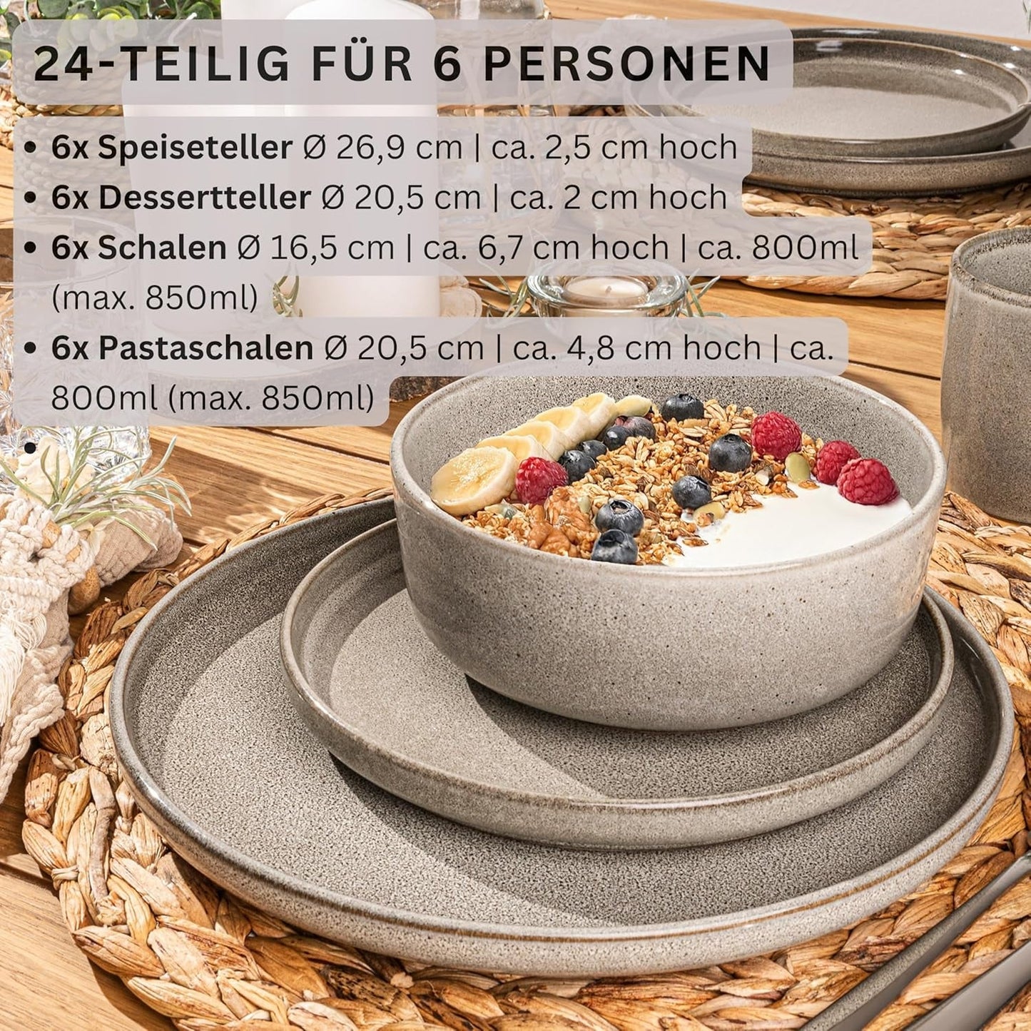 SÄNGER Káhirská hlína | 24dílná sada nádobí, sada kameninového nádobí pro 6, 6 talířů, 6 dezertních talířů, 6 misek na těstoviny, 6 servírovacích misek, šedá sada nádobí | SBÍRKA HODNOT
