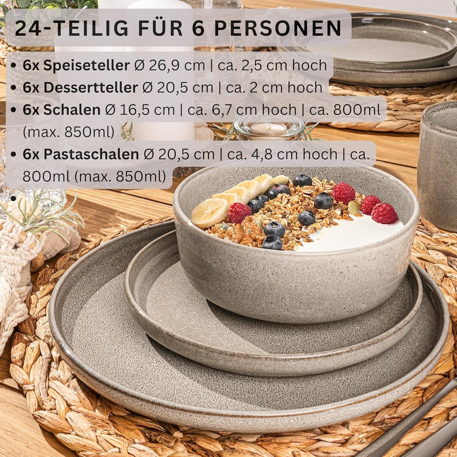 SÄNGER Káhirská hlína | 24dílná sada nádobí, sada kameninového nádobí pro 6, 6 talířů, 6 dezertních talířů, 6 misek na těstoviny, 6 servírovacích misek, šedá sada nádobí | SBÍRKA HODNOT