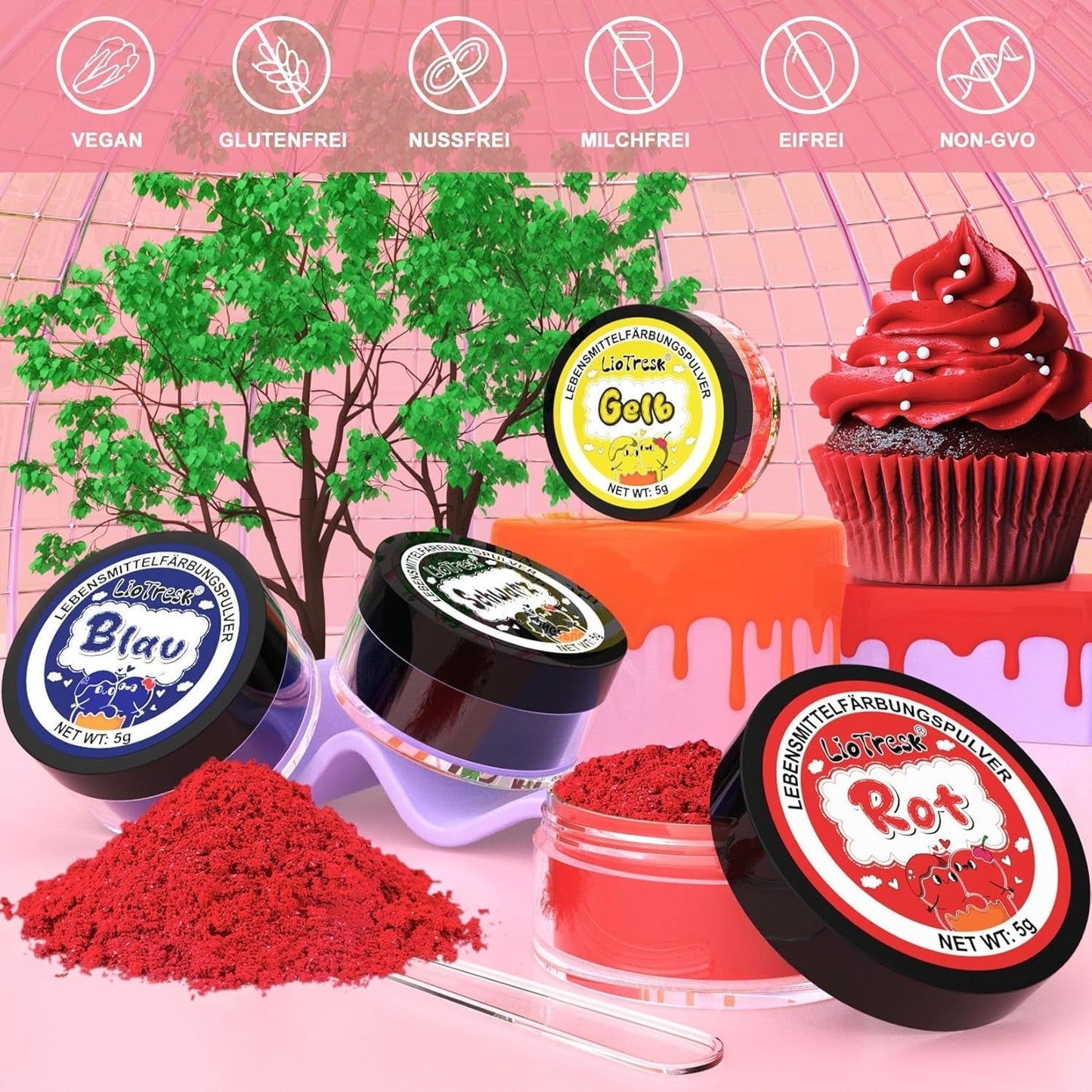 Powder Food Coloring Set - 4x5g koncentrované potravinářské barvivo na fondán, máslový krém, zářivé potravinářské barvivo na pečení, zdobení dortů, barvení velikonočních vajíček, macarons, All Hallows' Day