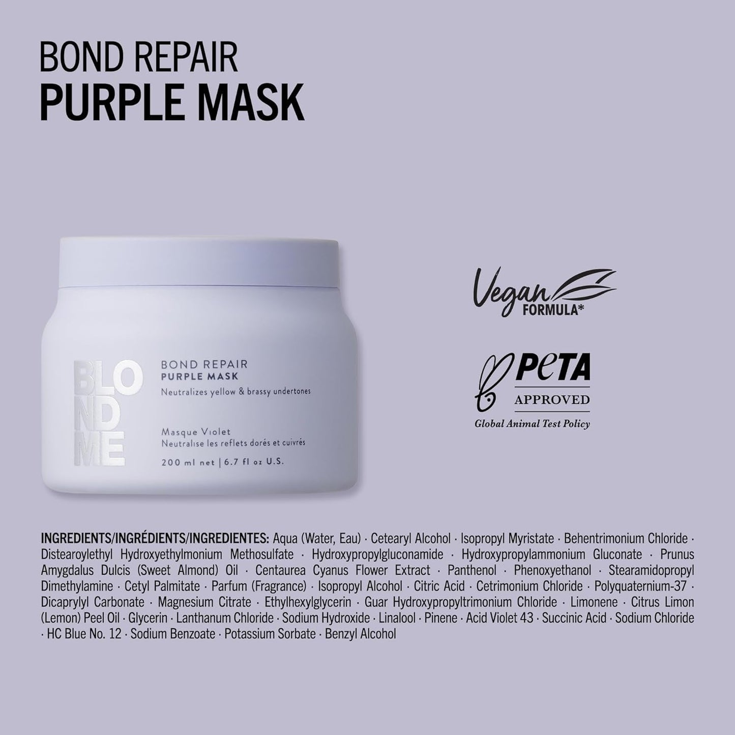 Schwarzkopf Professional BLONDME Bond Repair Purple Mask Maska pro chladné vlasy Neutralizuje žluté tóny pro barvené, odbarvené a světlé vlasy Hloubkové kondicionování a posílení 200 ml Maska na vlasy Naty Shop