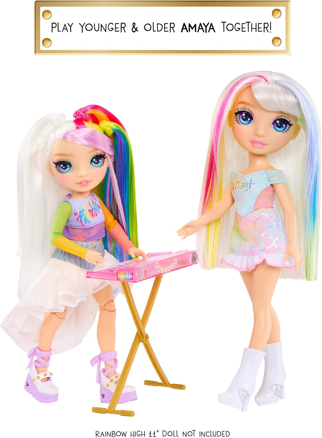 Rainbow High Junior High Rock Band - Amaya, Rainbow Colors - 23cm módní panenka s klávesnicí, přizpůsobitelné pomocí samolepek, kloubové, roztomilá hračka pro děti od 4 let
