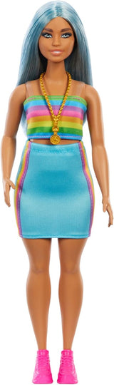 Panenka Barbie Fashionistas č. 218 s dlouhými modrými vlasy, duhovým topem a tyrkysovou sukní, sběratelská módní panenka k 65. narozeninám, HRH16 Naty Shop Dolls