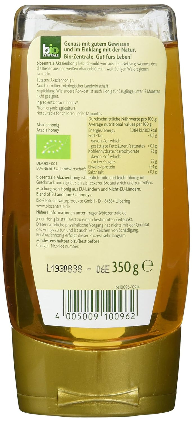 Biozentrale Bio akátový med | 350 g Bio med z květů bílé akácie | Ideální jako pomazánka Bio med do čaje | Alternativa k plástovému medu (2 balení)