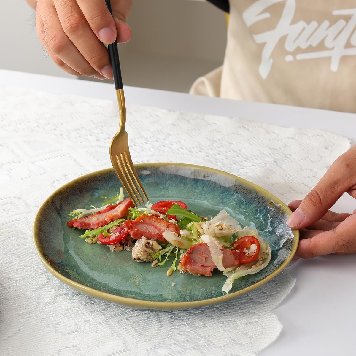 Henten Home Special kameninové talíře, misky na svačinu a omáčku - 20x17cm pro 4 osoby, porcelánové snídaňové talíře - moderní zelený design