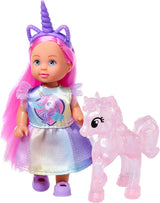 Hrací panenka Simba Evi Love Unicorn v roztomilých šatech s jednorožcem se sladěnou čelenkou, včetně jednorožce se stájí, jablka a láhve na pití, 12 cm, věk 3+