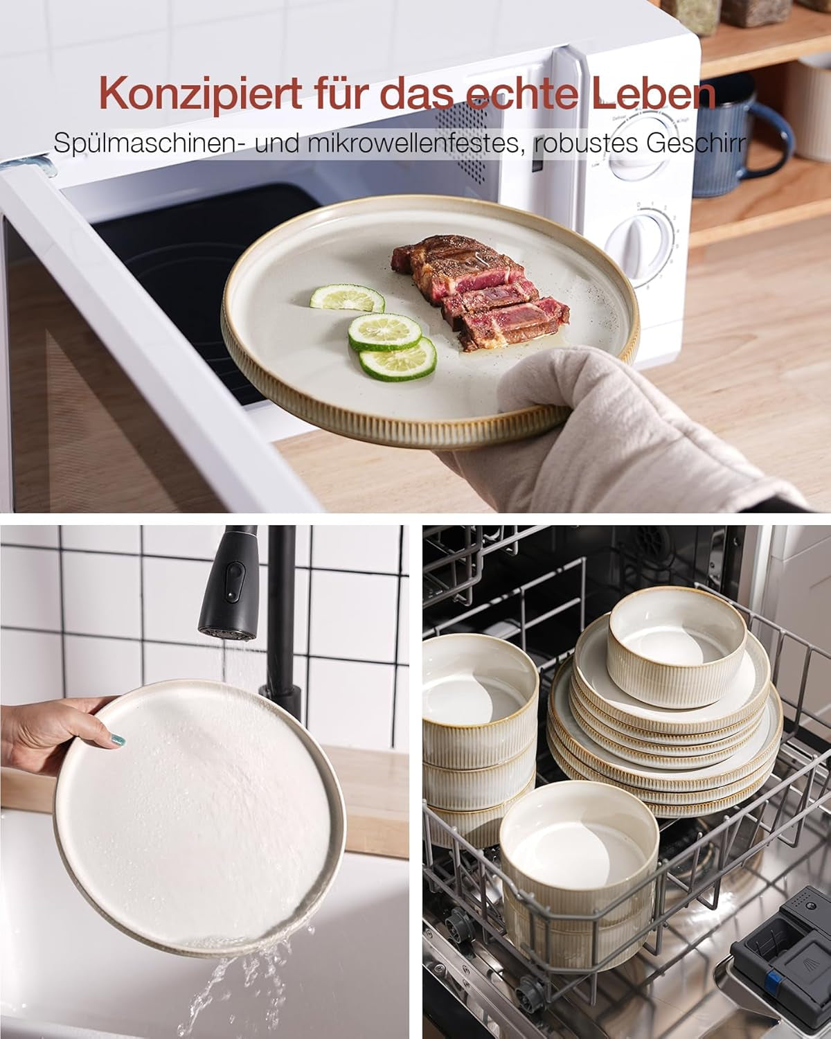 Star 18dílná sada jídelního nádobí, sada nádobí pro 6 osob, porcelán, odolná proti poškrábání, vhodná do mikrovlnné trouby a myčky, cappuccino bílá
