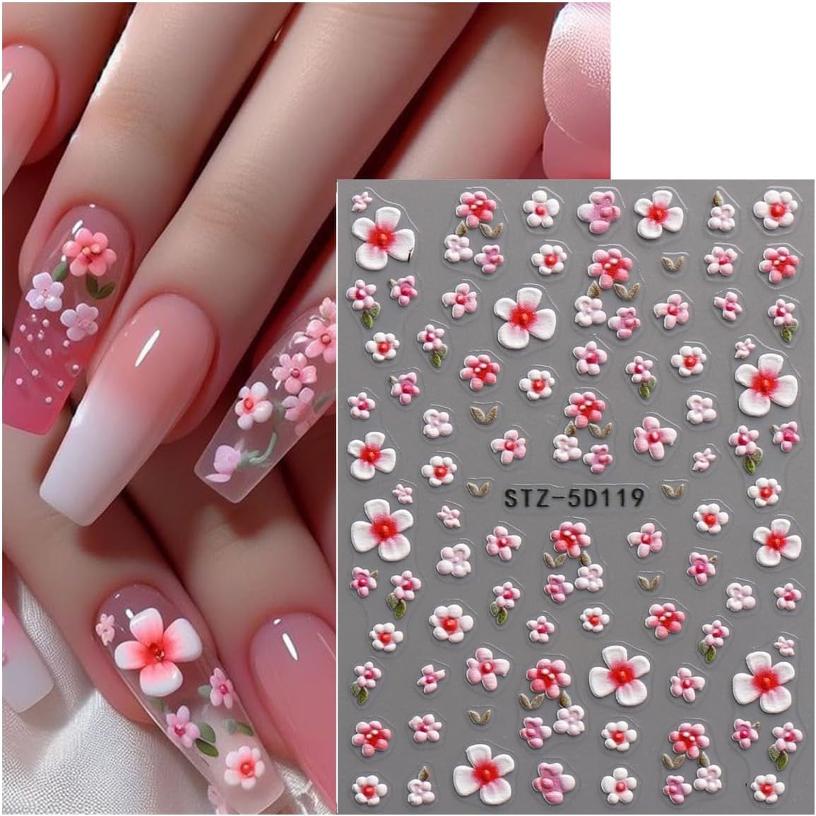 JMEOWIO 3D Nálepka na nehty Blume Nálepka na nehty Selbstklebend Nagelaufkleber 5D Stereoskopické jarní letní květinové dekorace Nageldesign Zubehör 4 Blatt