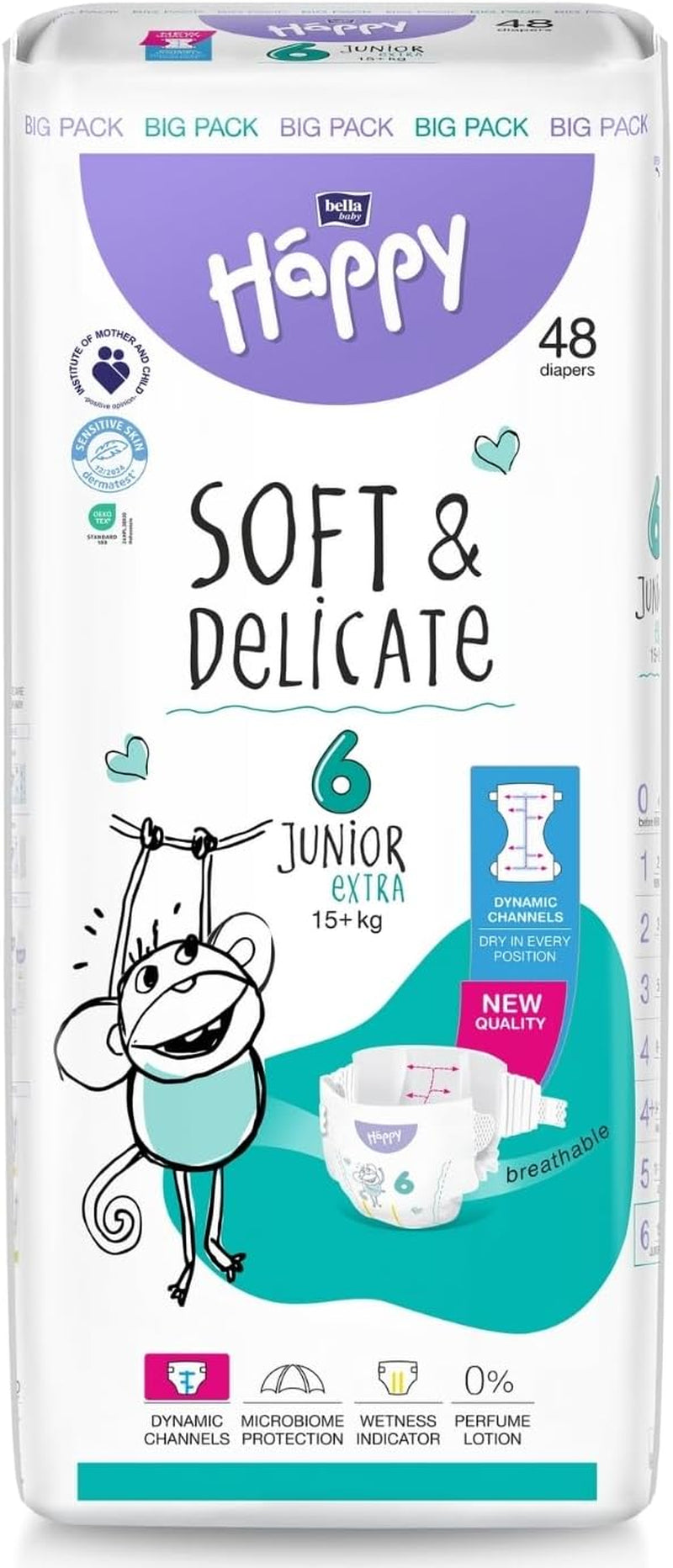 Plenky Bella Baby Happy Premium, velikost 6, Junior Extra, 15+ kg, 96 kusů, pečeť DERMATEST a OEKO-TEX, Jednorázové dětské plenky