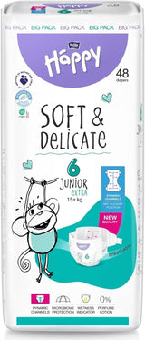 Plenky Bella Baby Happy Premium, velikost 6, Junior Extra, 15+ kg, 96 kusů, pečeť DERMATEST a OEKO-TEX, Jednorázové dětské plenky