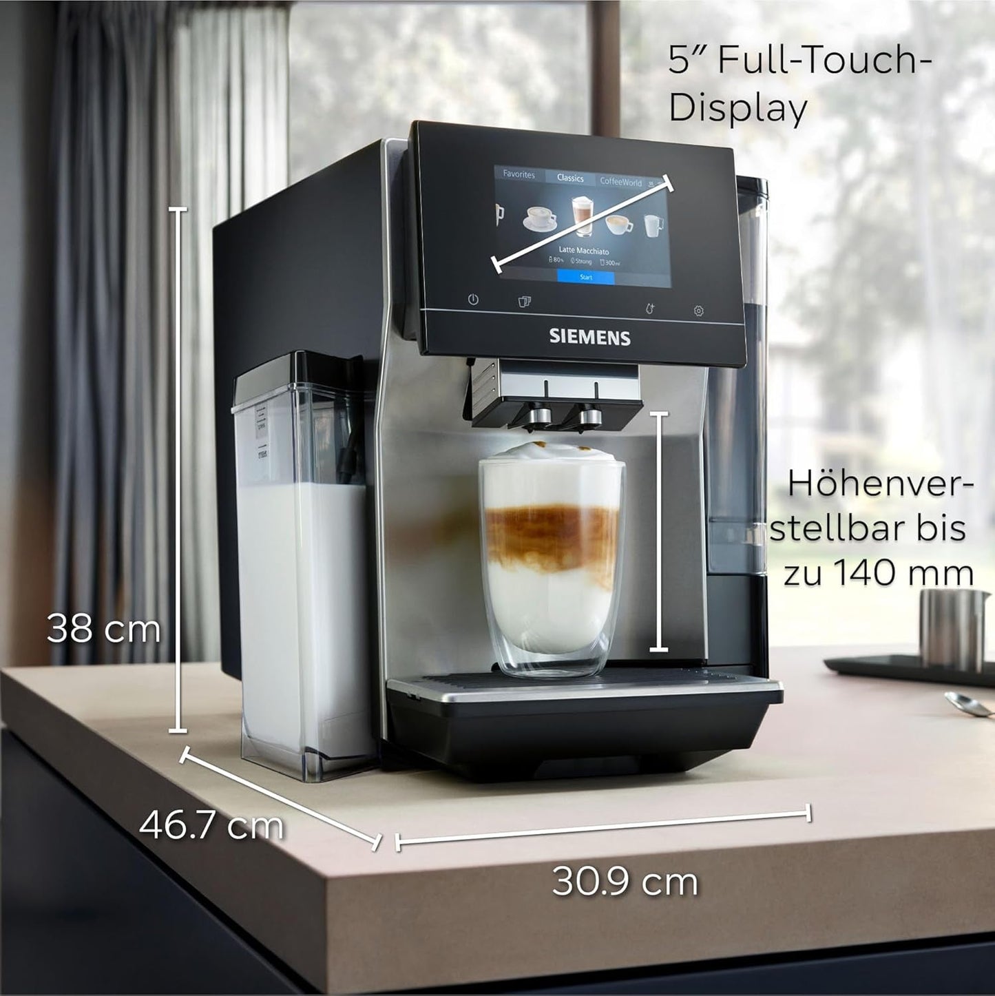 Siemens EQ700 plně automatický kávovar na espresso, velká barevná TFT obrazovka, 36 teplých a studených nápojů, studené vaření, funkce 2 šálků, ovládání aplikací, automatický čisticí systém, černá nerezová ocel, TQ717D03
