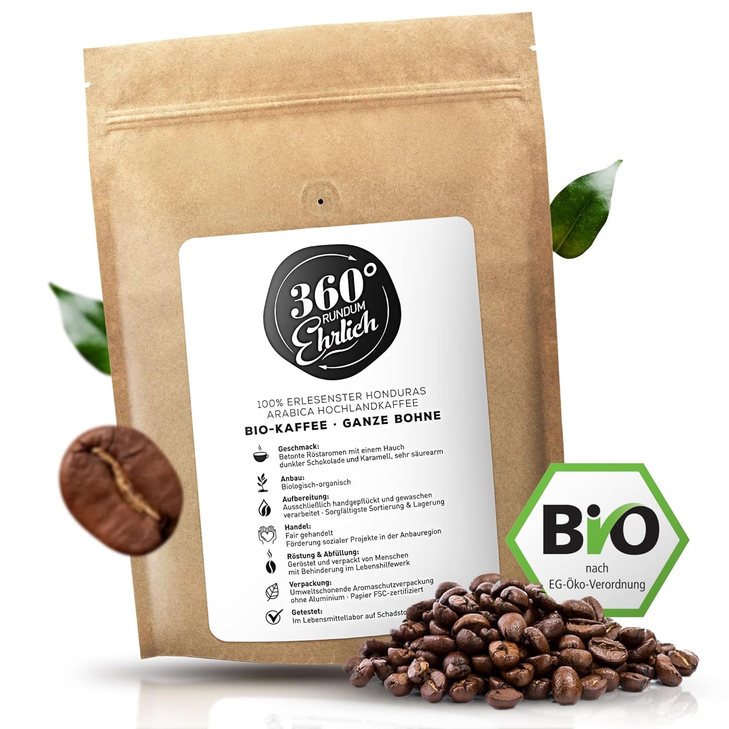 Premium Bio Kaffeebohnen 1000g, 100% Honduras Hochland Arabica Kaffeebohnen Bio - Köstlich, jemná, säurearm - Bio Kaffee ganze Bohnen - Ideal als Kaffeebohnen Vollaautomat - 360° Rundum Ehrlich