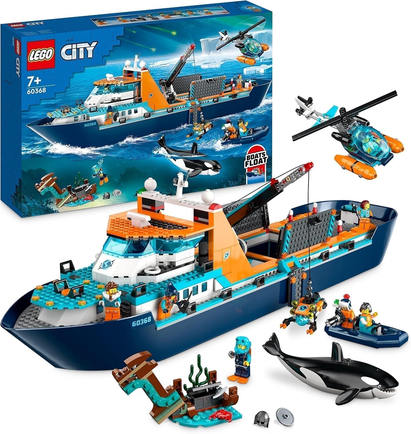 Arktická výzkumná loď LEGO City, velký plovoucí člun s helikoptérou, nafukovací člun, ponorka Rov, vrak vikinga, 7 minifigurek a figurka orky, dárek pro 7+ děti 60368 Stavebnice Besuche den LEGO-Store Single