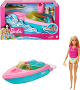 Sada motorového člunu Barbie, panenka Barbie s blond vlasy, růžová záchranná vesta, člun, štěně, doplňky, dárky pro 3+, Grg30 Naty Shop Panenky Barbie sada motorového člunu