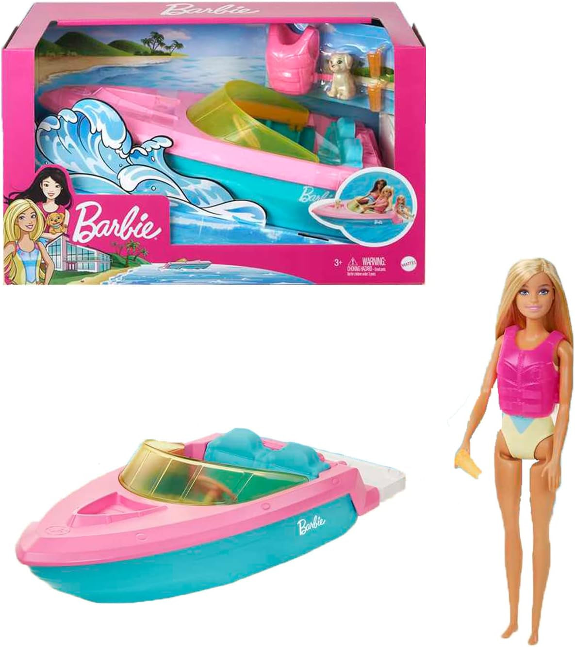 Sada motorového člunu Barbie, panenka Barbie s blond vlasy, růžová záchranná vesta, člun, štěně, doplňky, dárky pro 3+, Grg30 Naty Shop Panenky Barbie sada motorového člunu