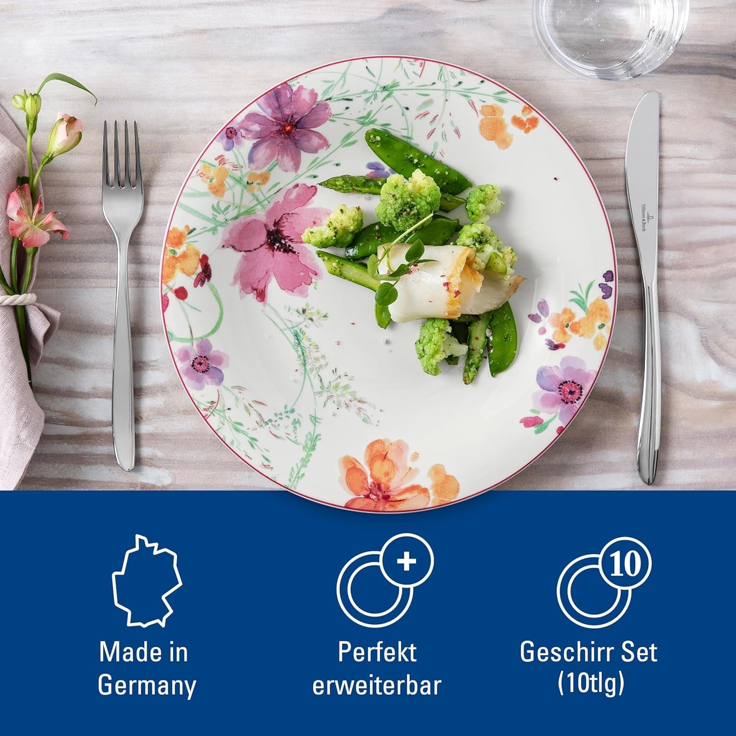 Startovací sada Villeroy & Boch Mariefleur, Různé barvy, Vhodné do myčky, Vhodné do mikrovlnné trouby, Sada nádobí pro 2, Sada květinového nádobí, Nádobí, Kombinovaná sada, Prémiový porcelán