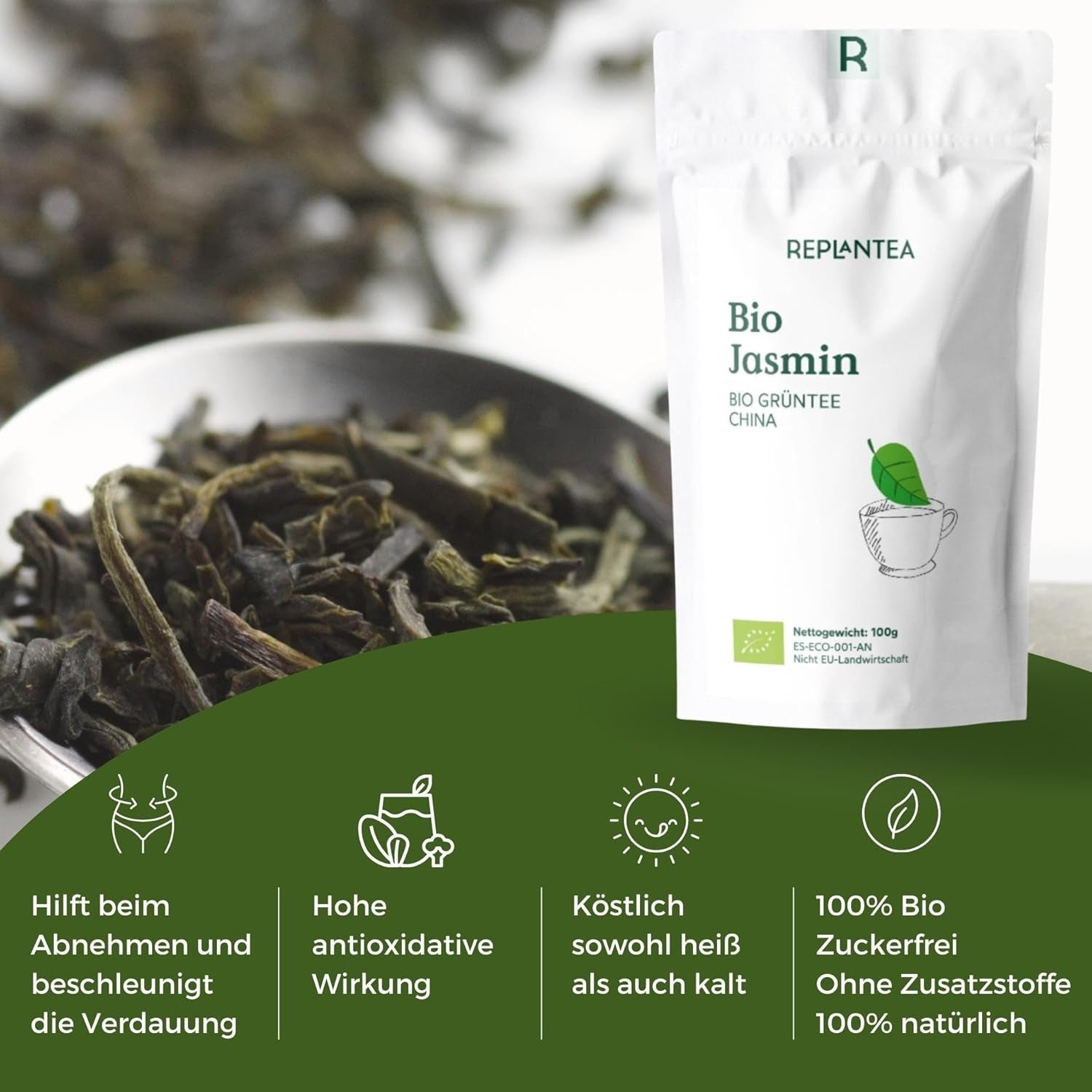 Bio zelený čaj s jasmínem 100 g (50 šálků) | Jasmínový čaj z Číny volně ložený, REPLANTEA v bio kvalitě