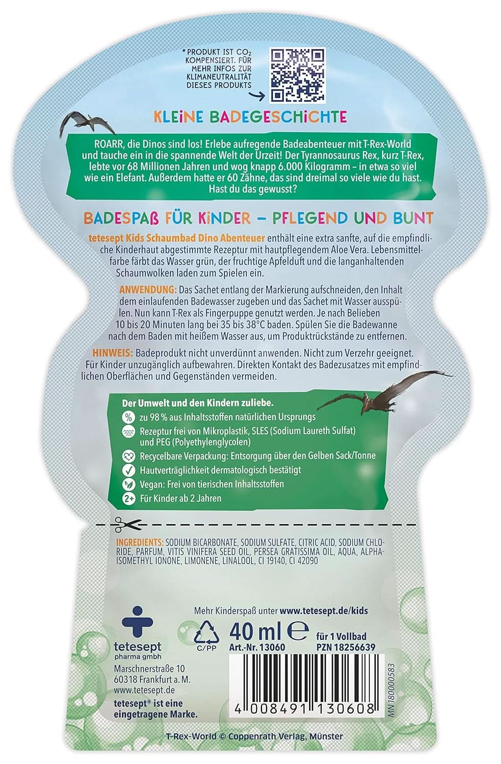 Tetesept Kids Dino - přísada do koupele pro děti, pěna, barví vodu do zelena, 40 ml Naty Shop