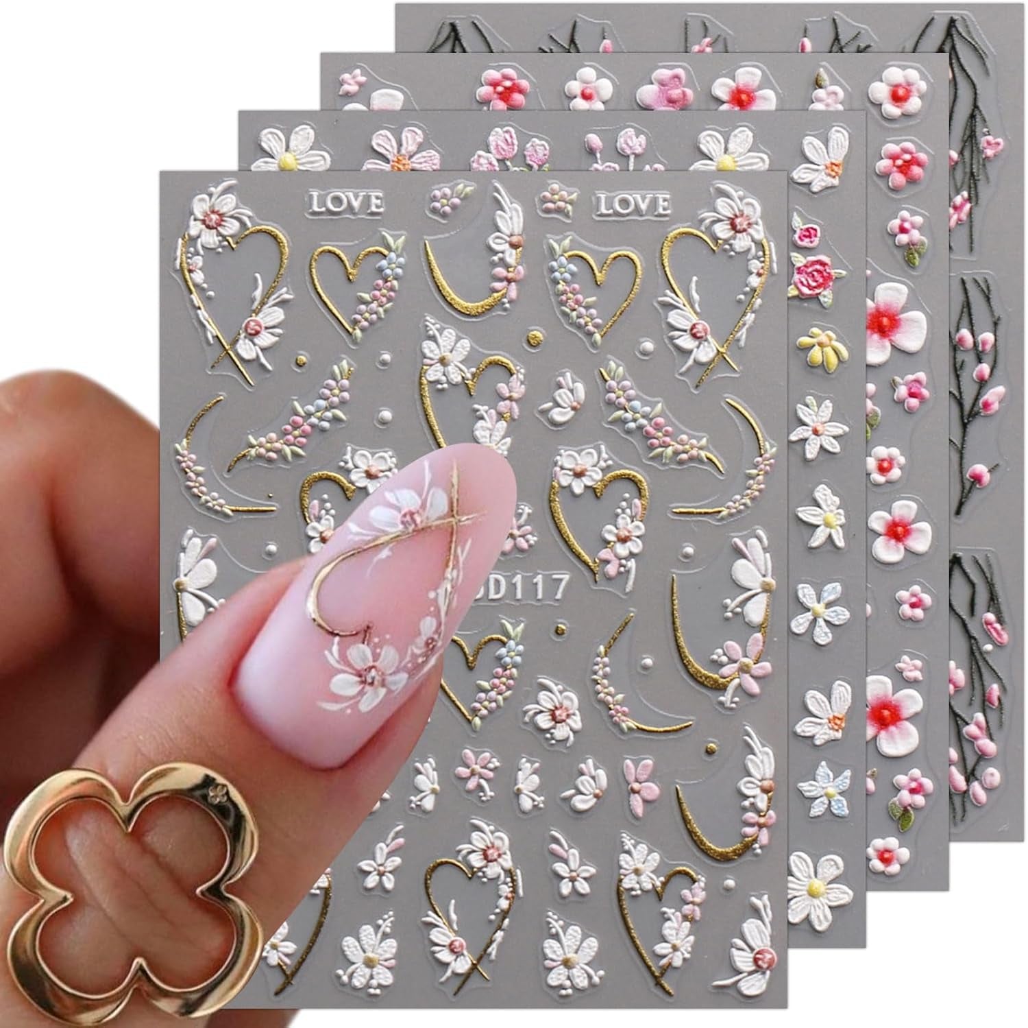 JMEOWIO 3D Nálepka na nehty Blume Nálepka na nehty Selbstklebend Nagelaufkleber 5D Stereoskopické jarní letní květinové dekorace Nageldesign Zubehör 4 Blatt
