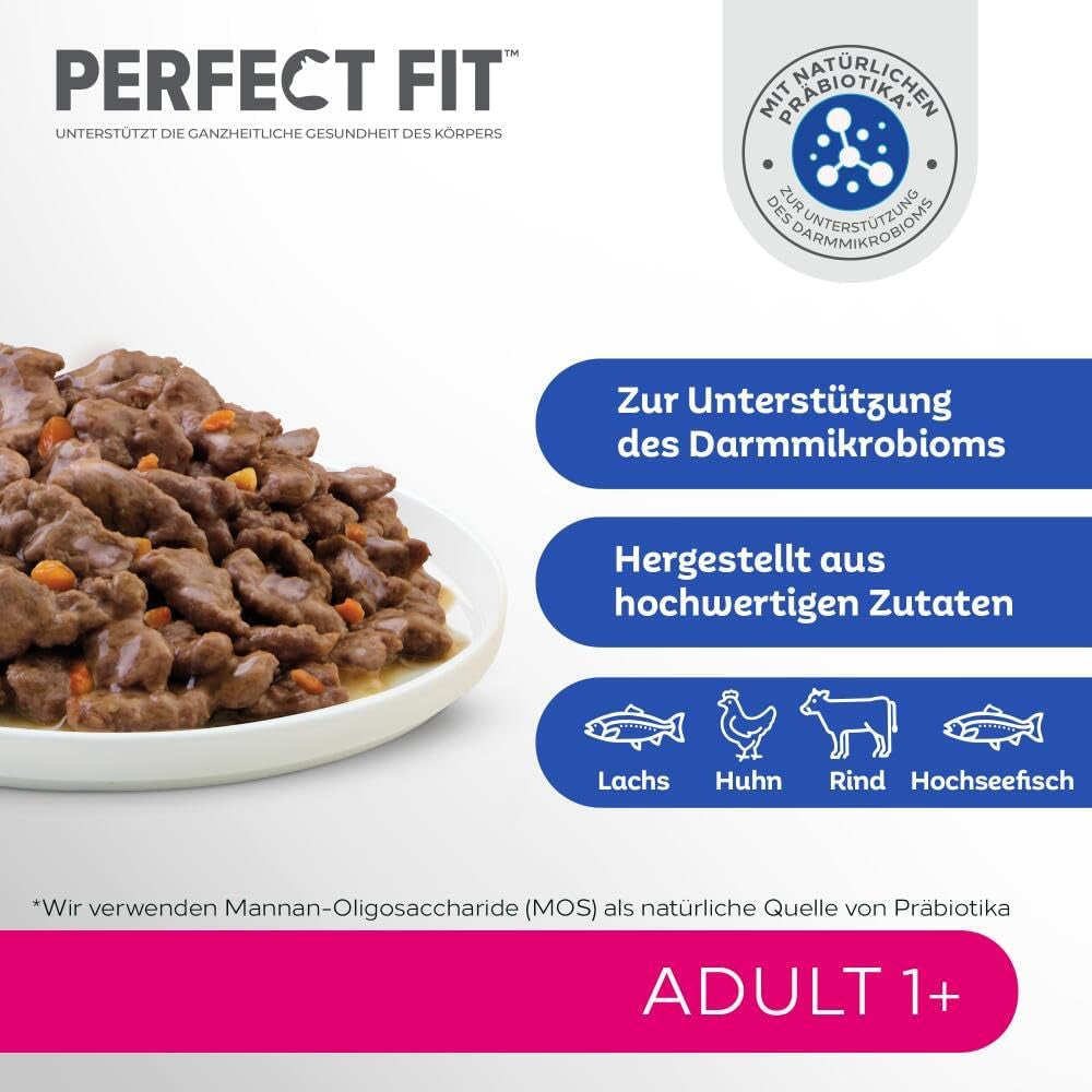 Perfect Fit Adult 1+ výběr mokrého krmiva s lososem, hlubinnými rybami, hovězím a kuřecím masem, 48 sáčků, 12x85g (balení po 4 ks) - Prémiové vlhké krmivo pro dospělé kočky od 1 roku věku