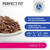 Perfect Fit Adult 1+ výběr mokrého krmiva s lososem, hlubinnými rybami, hovězím a kuřecím masem, 48 sáčků, 12x85g (balení po 4 ks) - Prémiové vlhké krmivo pro dospělé kočky od 1 roku věku