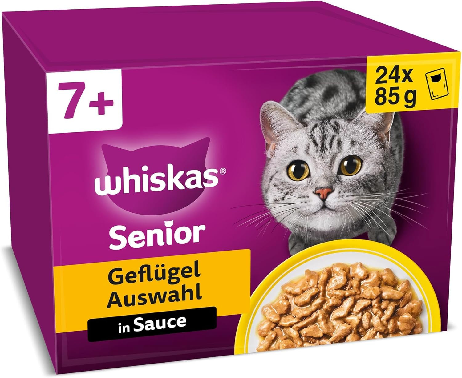 Whiskas 7+ Mokré krmivo pro kočky Výběr z drůbeže v omáčce 24 x 85 g (2 balení) - Vysoce kvalitní mokré krmivo od 7 let ve 48 porcích