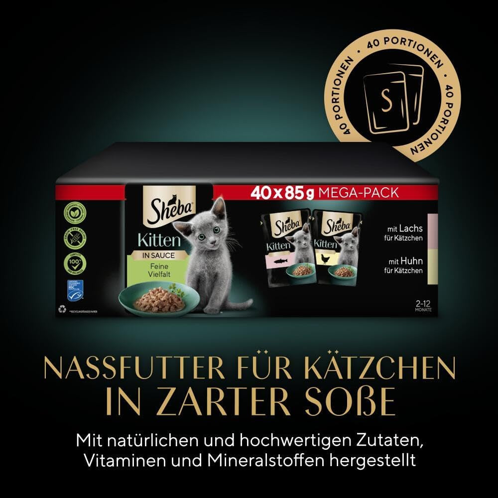 Sheba mokré krmivo pro koťata, v různých sáčcích, s lososem (MSC) a kuřecím masem v omáčce, multipack 40x85g