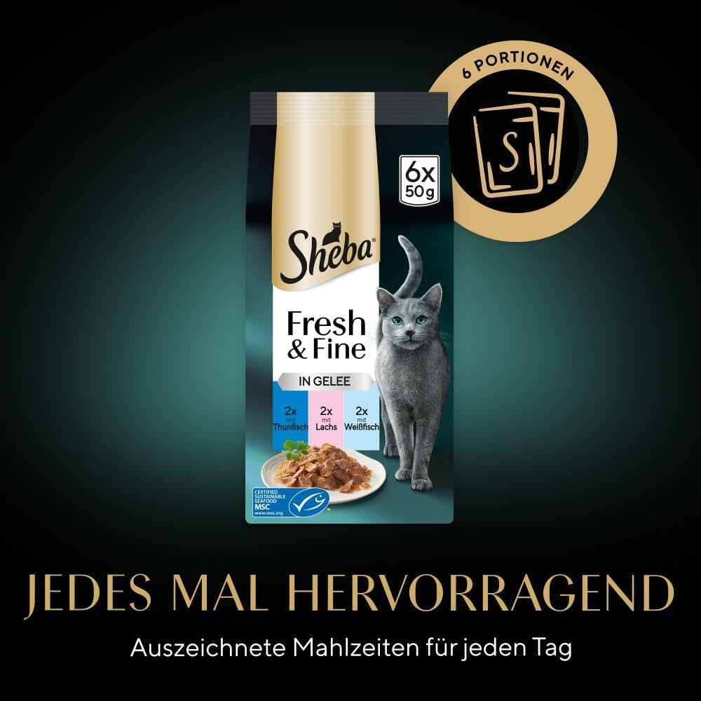Sheba Portion Pouches Mokré krmivo pro kočky, Multipack Fresh & Fine v želé s MSC tuňákem a lososem, 6x6x50g - Zdravá jídla pro kočky s želé