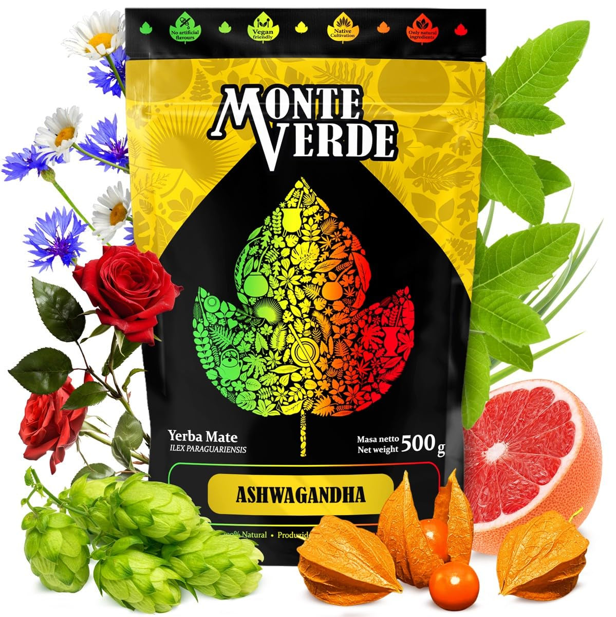 Yerba maté čaj s ashwagandhou 500G - brazilský čaj maté s ashwagandhou a léčivými bylinami - bez umělých přísad, přírodní aroma | Zelený čaj sypaný maté 0,5 kg s léčivými rostlinami
