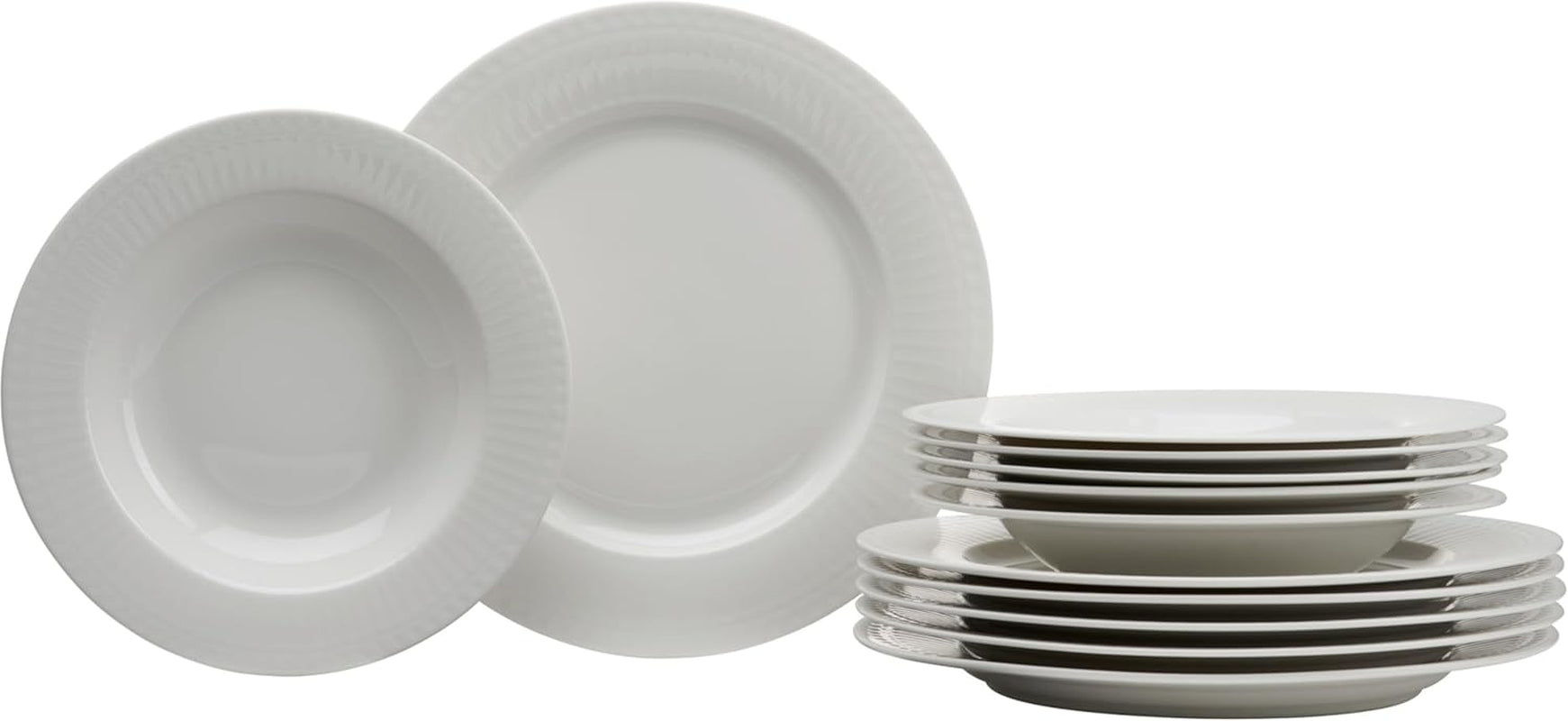 Ritzenhoff & Breker Sofia Tafelservice 12-teilig, Speiseteller (26 cm) a Suppenteller (22 cm) pro 6 osob, Tafel-Set mit feinem Rillenrelief, Fine-Dining-Geschirr, Porzellan, Weiß
