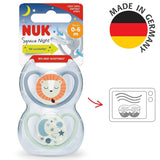 Dudlíky NUK Space Night, 0-6 měsíců, extra velké otvory, svítí ve tmě, silikon bez BPA, Fox a Ladybug, 2 balení
