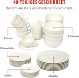 alpina Geschirrset 8 osob - 40 řad Steingut Geschirr - Teller Set mit Speiseteller, Schalen und Kaffeebecher - Camping Geschirr - Mikrowelle- und Spülmaschinengeeignet - Weiß