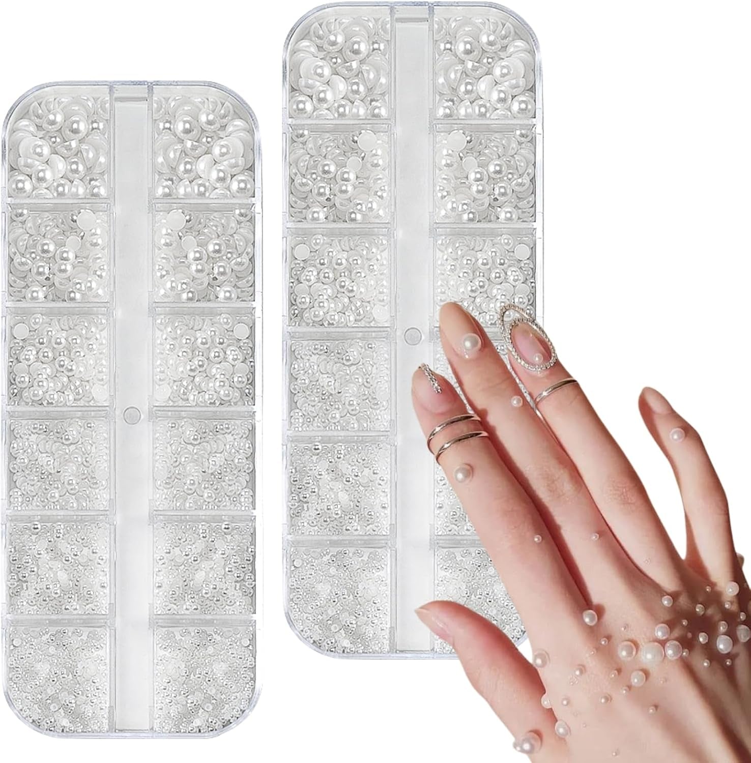 12 Größen Nail Art Perlen, Flache Perlen, Nail Art Accessoires, Halbkreis Nagelperlen, Weiße Nail Charms Und Glitzersteine ​​​​Nägel Für Nail Art Design, DIY Basteln, Alltag, Hochzeit (2 krabičky)