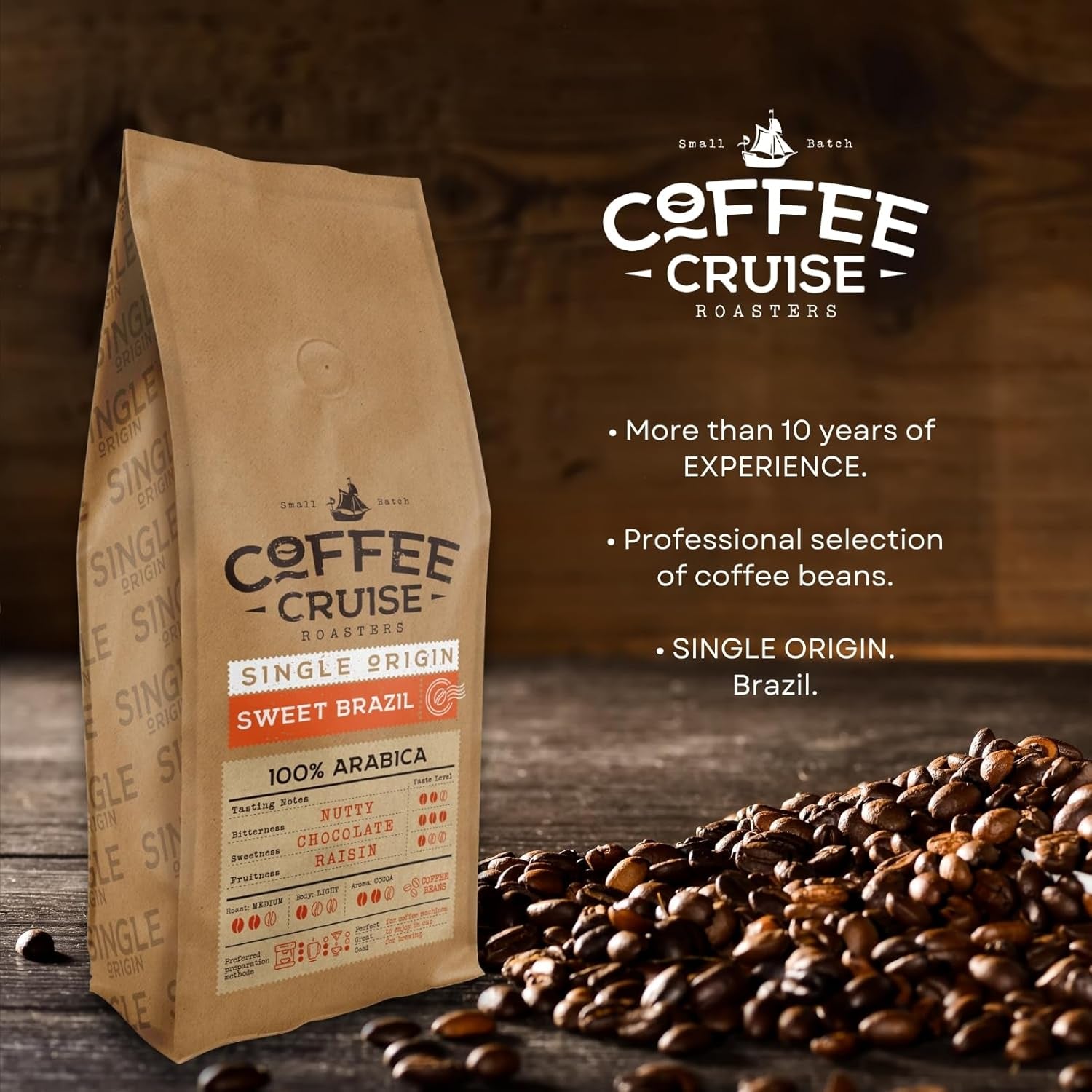 COFFEE CRUISE Sweet Brazil Brasilianische Kaffeebohnen 1kg - Mittlere Röstung - Aroma Kakao und Schokolade - Für All Kaffeemaschinen - 100% Arabic